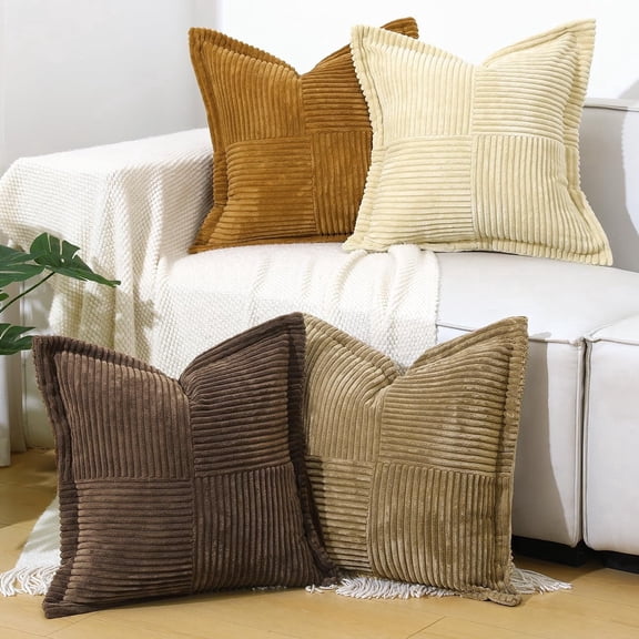 Lewondr Pillow Covers 18x18, Set of 4 Corduroy Sofa Throw Pillow Cases, Striped Square Soft Cushion Covers for Couch Chair, Living Room Home Bedroom Decor, Brown