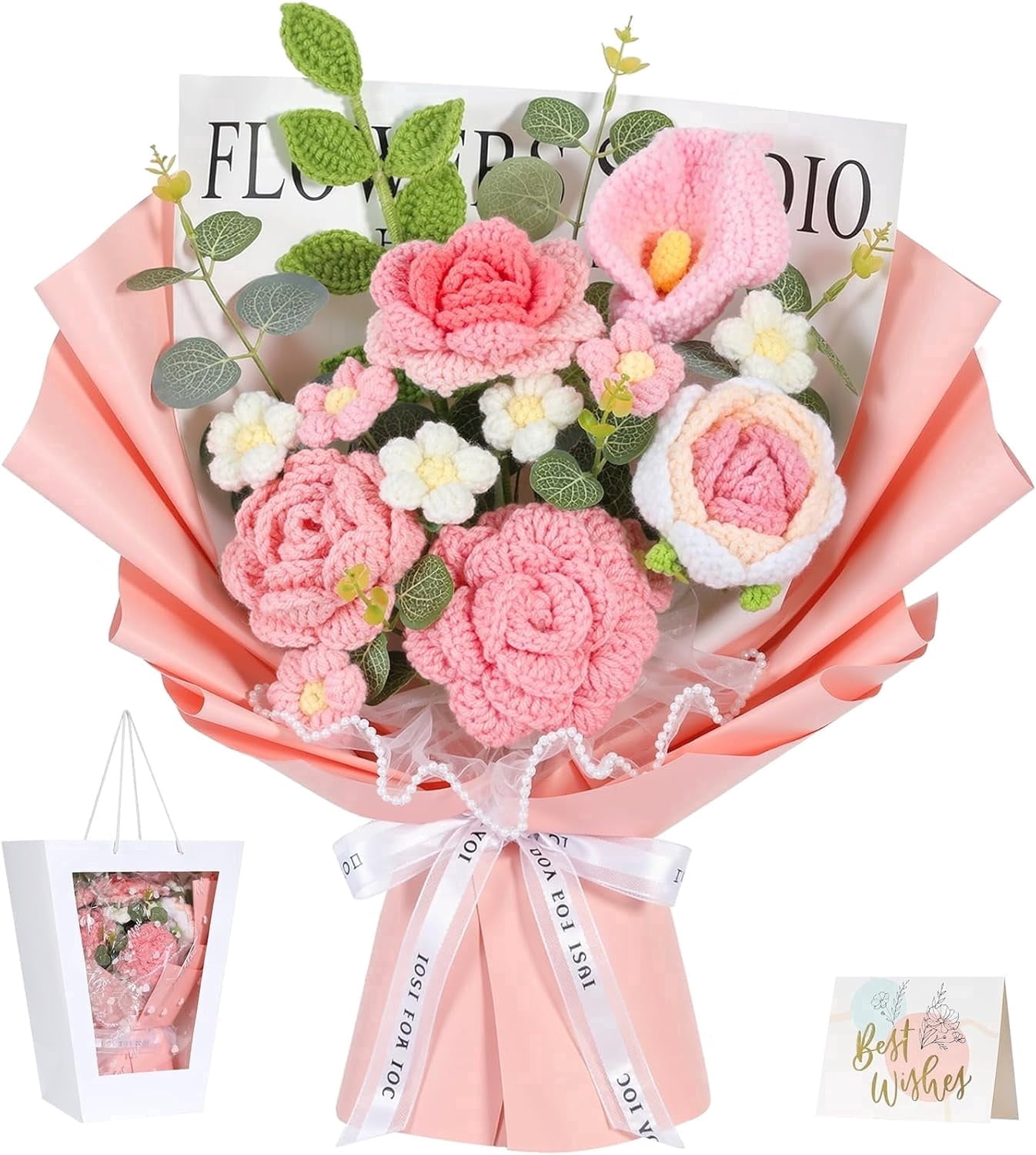 Lewondr Crochet Flower Bouquet, Pink Handmade Knitted Flowers, Crochet Rose Calla Flower for Valentines Day Anniversary Birthday Mother's Day Graduation Gifts, Includes Gift Bag and Greeting Card