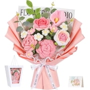 Lewondr Crochet Flower Bouquet, Pink Handmade Knitted Flowers, Crochet Rose Calla Flower for Valentines Day Anniversary Birthday Mothers Day Graduation Gifts, Includes Gift Bag and Greeting Card