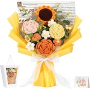 Lewondr Crochet Flowers Bouquet, Handmade Knitted Crochet Flowers, Yellow Roses Sunflowers Bouquet for Wedding, Anniversary, Birthday, Mothers Day Gift for Women Wife Lover Friends
