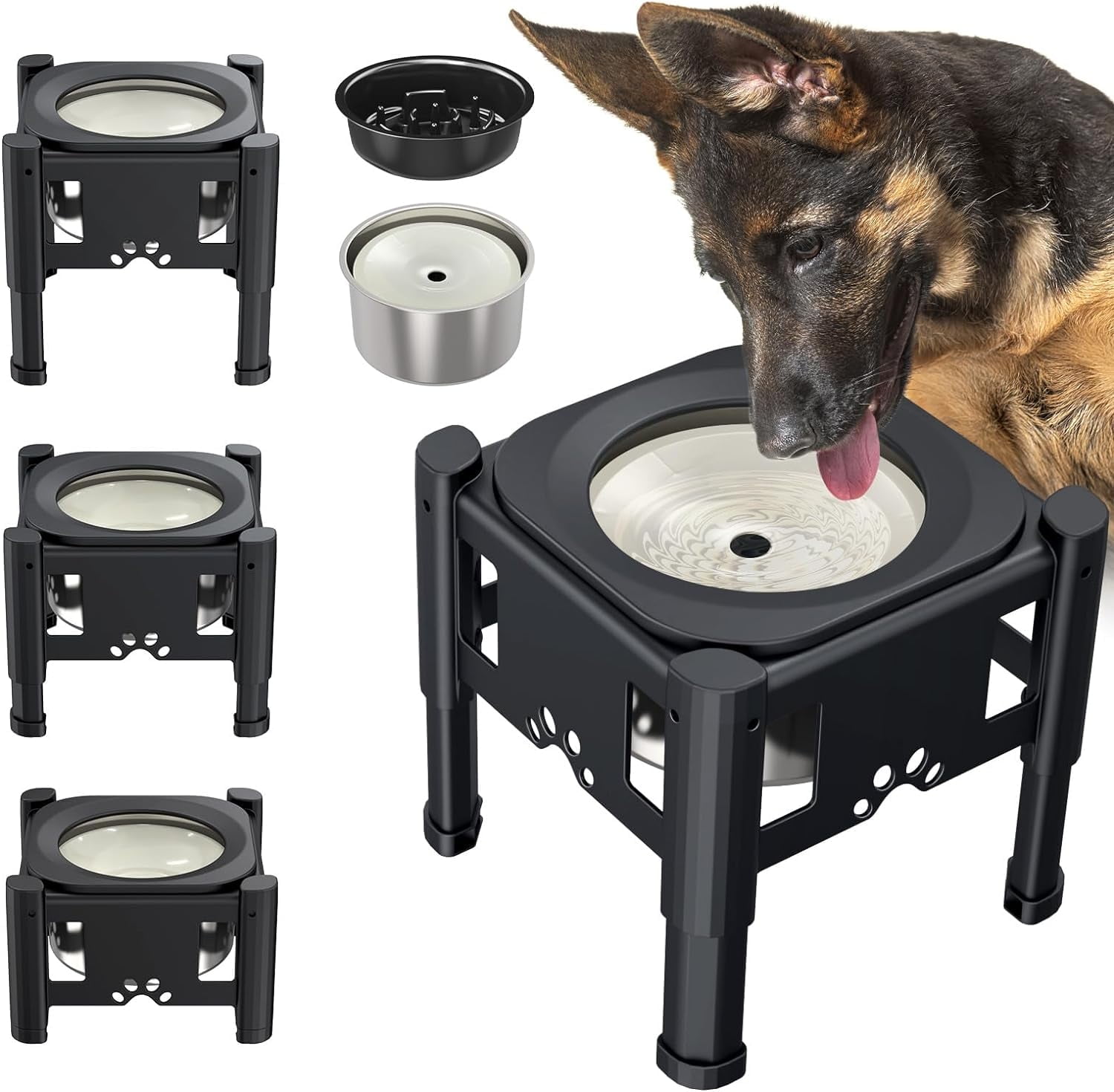 Lewondr Dog Water Bowl, 80OZ Large Capacity Raised Water Bowl for Dogs with Dog Slow Feeder Bowl, No Spill Water Bowl for Dogs 3 Heights Adjustable Elevated Dog Bowl Stand for Small Medium Large Dogs