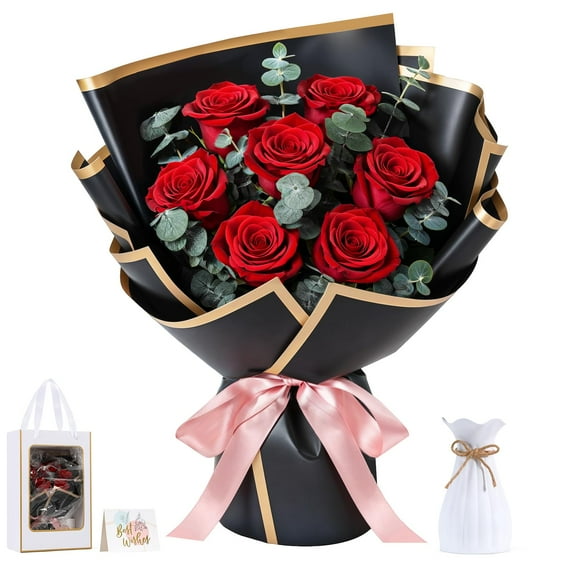 Lewondr Flower for Delivery, Preserved Flowers Bouquet, Red Roses Bouquet, Real Long-Lasting Forever Birthday Flowers Gifts for Her Wife Girlfriend Valentines Day Anniversary Mothers Day, Black-Red