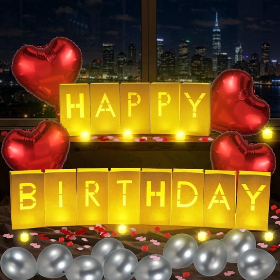 Lewondr HAPPY BIRTHDAY Light-up Letters Decorations, Luminary Bags Signs with 30pcs 6H Tea Lights Candles & Balloon & Rose Petals for Special Festival, Surprise Gifts Banner Decor