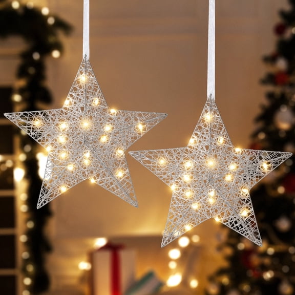 Lewondr Hanging Light Star Shape with Timer, Battery Operated Iron Wire LED Lighted Christmas Decorative Hanging Ornament for Xmas Holiday Room Home Party, Silve