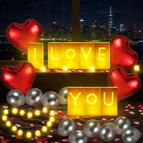 Lewondr I LOVE YOU Light-up Letters Decorations, Luminary Bags Signs with 30pcs 6H Tea Lights Candles & Balloon & Rose Petals for Engagement Wedding Anniversary Party Romantic Decor