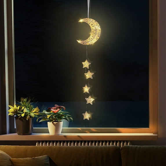 Lewondr Rattan Moon Star Hanging Light, Battery Operated LED Fairy Lights for Window Bedroom Kids Room Christmas Party,Timer Fuction, White
