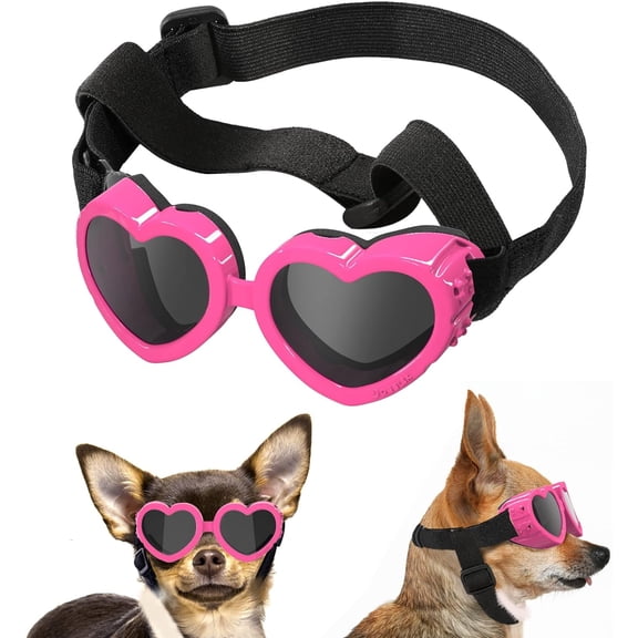 Lewondr Small Dog Sunglasses UV Protection Goggles Eye Wear Protection with Adjustable Strap Puppy Heart Shape Anti-Fog Sunglasses for Pet Dogs Sun Glasses Doggie Windproof Glasses, Pink