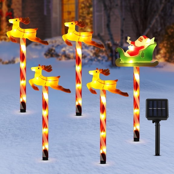 Lewondr Solar Christmas Pathway Lights, 5 PCS Christmas Decorations Outdoor with 2 Lighting Modes, Santa Claus and Reindeer Lights with Garden Stake, Waterproof Garden Yard Patio Holiday Xmas Decor