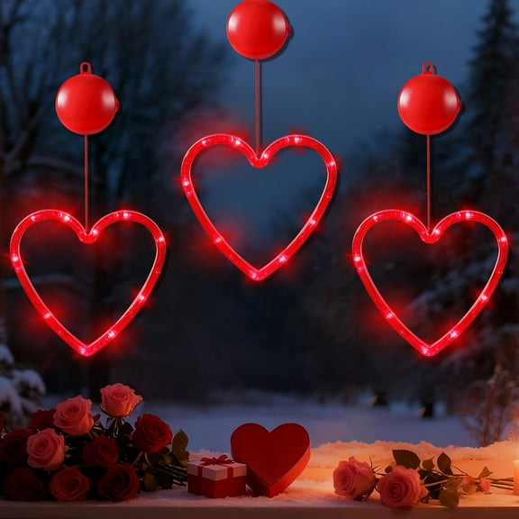 Lewondr Window Lights,3Pcs Hanging Window Decorations with 2 Lighting Modes, Battery Powered Heart Lights with Timer Function for Indoor Valentines Day Wedding Anniversary,Red
