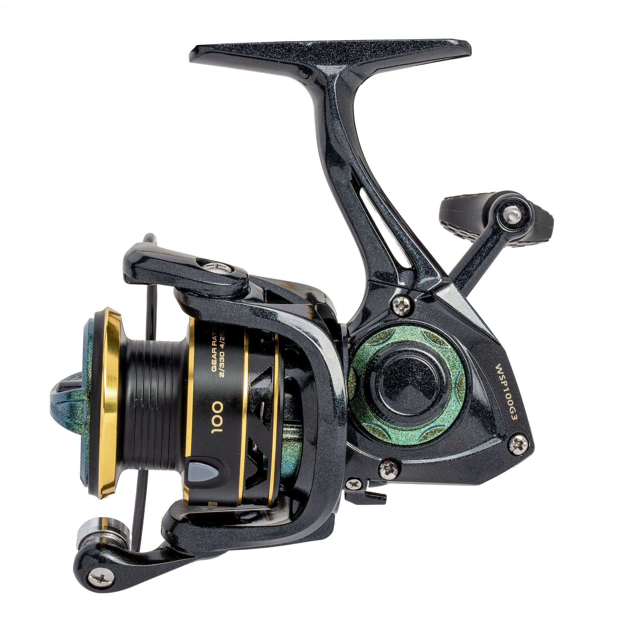 Lew’s Wally Marshall Signature Series Spinning Fishing Reel, Size 100 Reel, 5+1 Bearings, 5.1:1 Gear Ratio, Graphite Frame and Rotor, Interchangeable Retrieve, Green/Gold