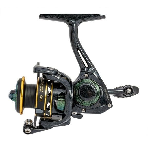 Lew’s Wally Marshall Signature Series Spinning Fishing Reel, Size 50 Reel, 5+1 Bearings, 5.0:1 Gear Ratio, Graphite Frame and Rotor, Interchangeable Retrieve, Green/Gold