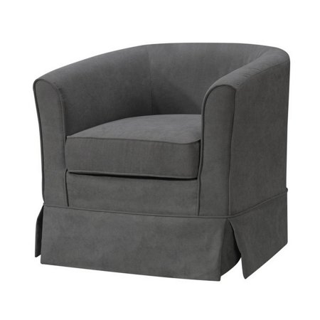 Lex 28 Inch Swivel Accent Chair, Dark Gray Fabric, Curved Back, Skirted