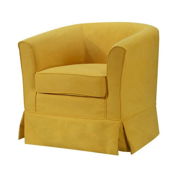 Lex 28 Inch Swivel Accent Chair, Yellow Fabric, Curved Track Back, Skirted