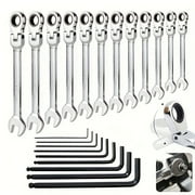 Lex Head Ratcheting Wrench Set, Chrome Vanadium Steel Flexible Head Tool Socket Wrench Set, 12pcs Combination Ended Spanner Kits With 9PCS Allen Keys, Metric 8-19mm