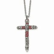 Lex & Lu Chisel Stainless Steel Antiqued w/Red Crystal Cross Pendant 22