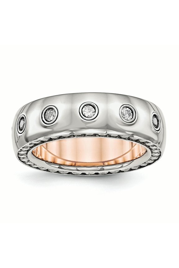 Lex & Lu Chisel Stainless Steel Polished Rose IP Plated CZ Inlay Ring