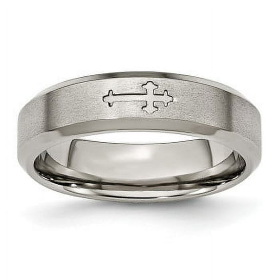 Lex & Lu Chisel Titanium Cross Design 6mm Satin Beveled Edge Band Ring