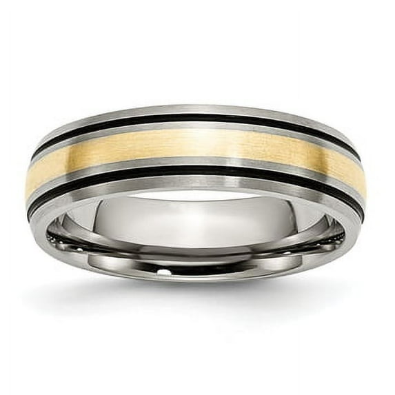 Lex & Lu Chisel Titanium Grooved 14k Yellow Inlay 6mm & Antiqued Band Ring