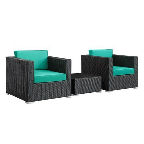 LexMod Burrow 3-Piece Espresso Patio Sectional Set with Turquoise Cushions [Espresso Turquoise, 1]
