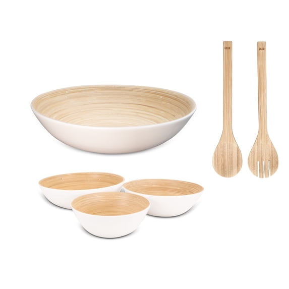 LEXA 5-Piece Handcrafted Bamboo Serving Bowl Set, 14”, 12”, 10”, 8” Bowls & Salad Utensils, Spun Bamboo Dinnerware, Artisan-Made for Entertaining, Serving & Home Décor (White)