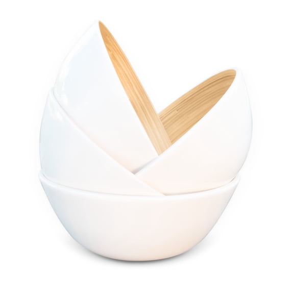 LEXA Bamboo Salad Bowl Set  4 Individual 8-Inch Natural Bamboo Bowls, Handmade Serving Bowls, Perfect for Salads, Snacks & Entertaining, White