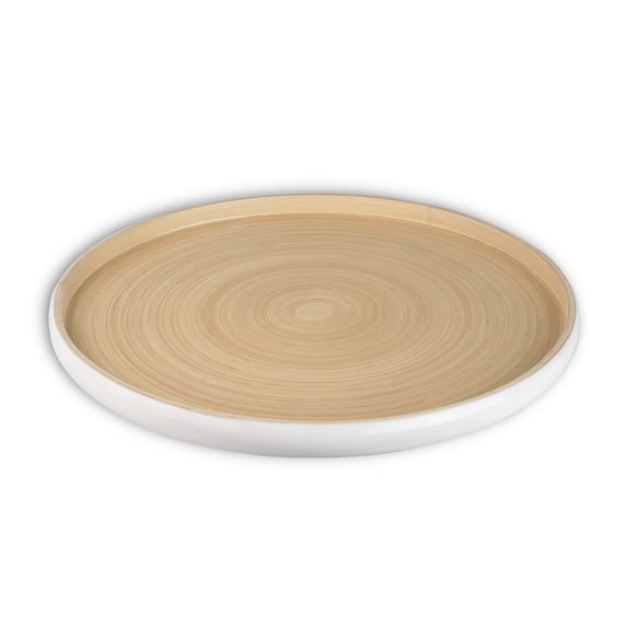 LEXA 15.7" Bamboo Round Serving Tray – Large Handcrafted Wooden Tray for Food, Ottoman, Coffee Table, Kitchen, Charcuterie, or Home Décor, White