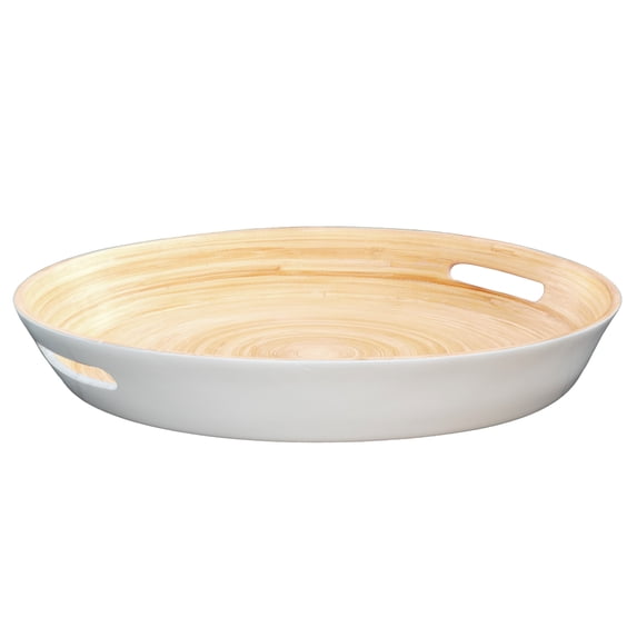 LEXA 15.7" Bamboo Round Serving Tray with Handles – Large Handcrafted Wooden Tray for Food, Ottoman, Coffee Table, Kitchen, or Charcuterie, White