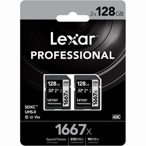 Lexar 128GB Professional 1667x UHS-II SDXC Memory Card - Class 10 & U3, Pack of 2