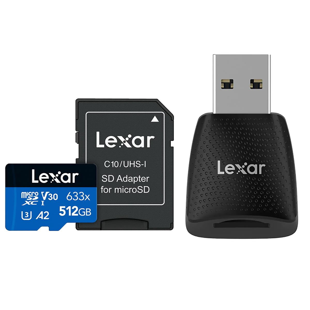 Lexar BLUE Series 633x 512GB UHS-I microSDXC Memory Card with SD Adapter, Bundle with microSD USB 3.2 Gen 1 Type-A Card Reader
