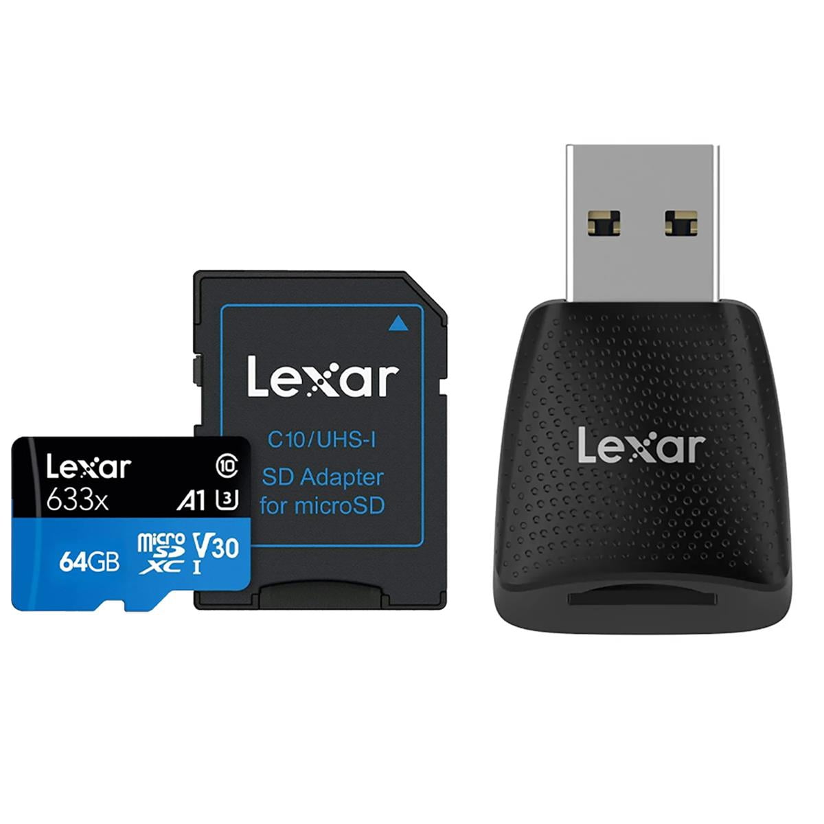 Lexar BLUE Series 633x 64GB UHS-I microSDXC Memory Card with SD Adapter, Bundle with microSD USB 3.2 Gen 1 Type-A Card Reader
