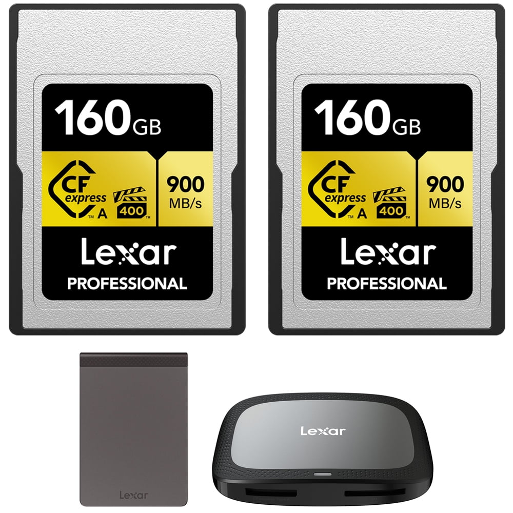 Lexar CFexpress Type A Pro Gold R900/W800 160GB Memory Card (2-Pack) Bundle with Lexar Professional CFexpress Type A/SD USB 3.2 2x2 Reader and Lexar Lexar CFexpress Type A Pro Gold R900/W800 160GB Memory Card (2-Pack) Bundle with Lexar Professional CFexpress Type A/SD USB 3.2 2x2 Reader and Lexar