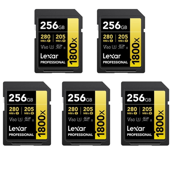 Lexar GOLD Series Professional 1800x 256GB UHS-II SDXC Memory Card, 5-Pack