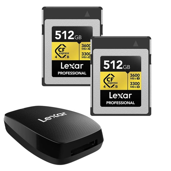 Lexar Gold Series Professional 512GB CFexpress 4.0 Type-B Memory Card, 2-Pack, Bundle with CFexpress Type-B USB 3.2 Gen 2x2 Reader