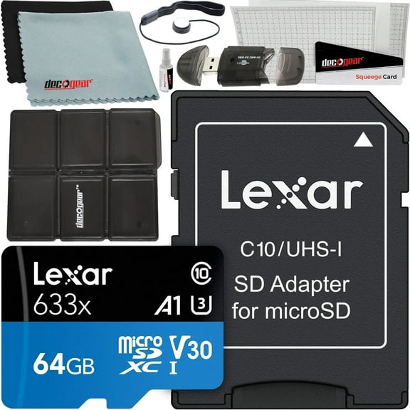 Lexar High-Performance 633x 64GB MicroSDHC UHS-I Memory Card with SD Adapter LSDMI64GBBNL633A Bundle w/ Deco Gear Accessories Kit SD Reader & Case + LCD Screen Covers + Microfiber Cloth & More