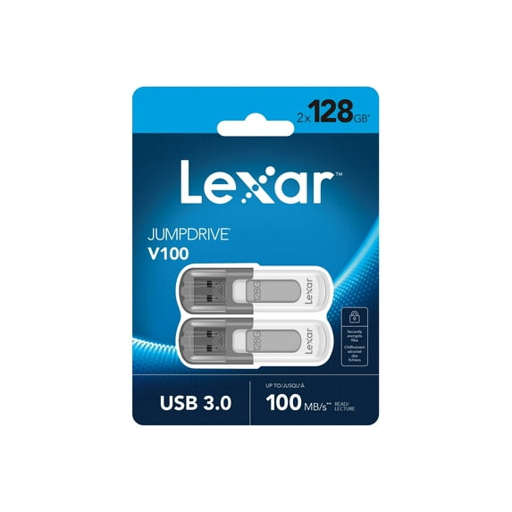 Lexar® JumpDrive V100 USB 3.0 Flash Drives, 128GB, Gray, Pack Of 2 Flash Drives