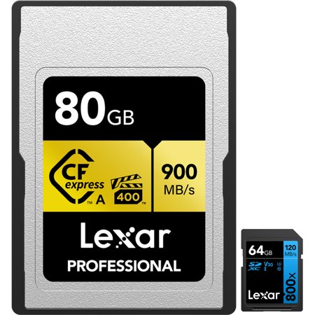Lexar LCAGOLD080G-RNENG 80GB CFexpress Type A Pro Gold R900/W800 Memory Card Bundle with Lexar 64GB High-Performance 800x UHS-I SDHC Memory Card BLUE Series