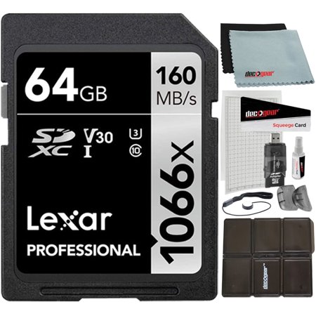 Lexar LSD1066064G Professional 64GB SDXC 1066X Memory Card Bundle with Accessory Kit Card Reader, Case, LCD Screen Covers, Lens Cleaning Kit & Lens Cap Keeper