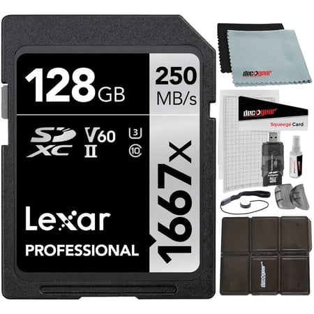 Lexar LSD128CBNA1667 Professional 1667x 128GB SDXC UHS-II Memory Card 250MB/s Read, 90MB/s Write Bundle with Accessory Kit Card Reader, Case, LCD Screen Covers, Lens Cleaning Kit & Lens Cap Keeper