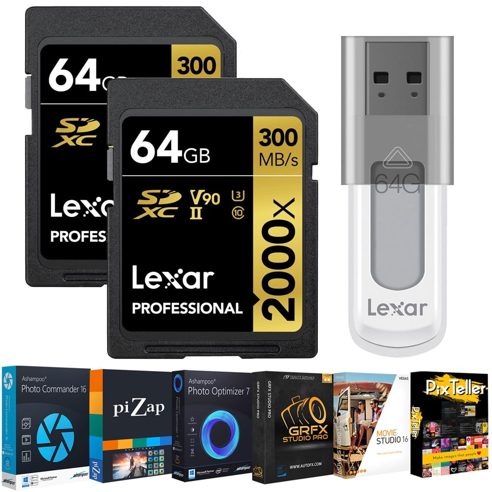 Lexar LSD2000064G-BNNNU Professional 2000x 64GB SDXC UHS-II Memory Card Up  to 300MB/s Pack Bundle with 64GB JumpDrive S50 USB 2.0 Flash Drive and  Photo and Video Professional Editing Suite