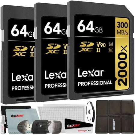 Lexar Pack of 3 Professional 2000x 64GB (192GB Total) SDXC UHS-II Memory Cards (LSD2000064G-BNNNU) Bundle w/ Deco Gear Accessories Kit Includes Reader & Case + Screen Covers + Microfiber Cloth & More