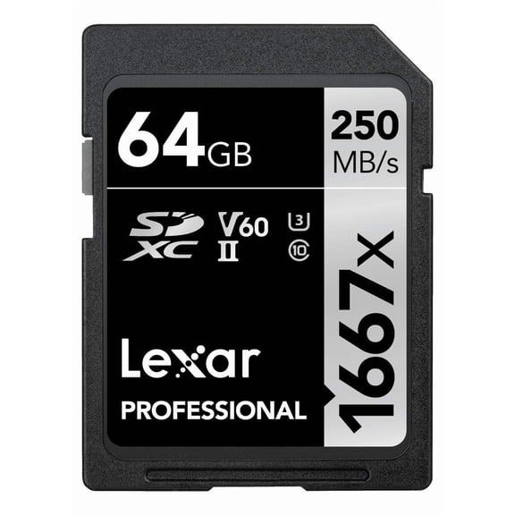Lexar Professional 1667x SD Card 64GB, SDXC UHS-II Memory Card, Up to 250MB/s Read, Class 10, U3, V60, SD for Professional Photographer,Cameraman, Enthusiast LSD64GCB1667