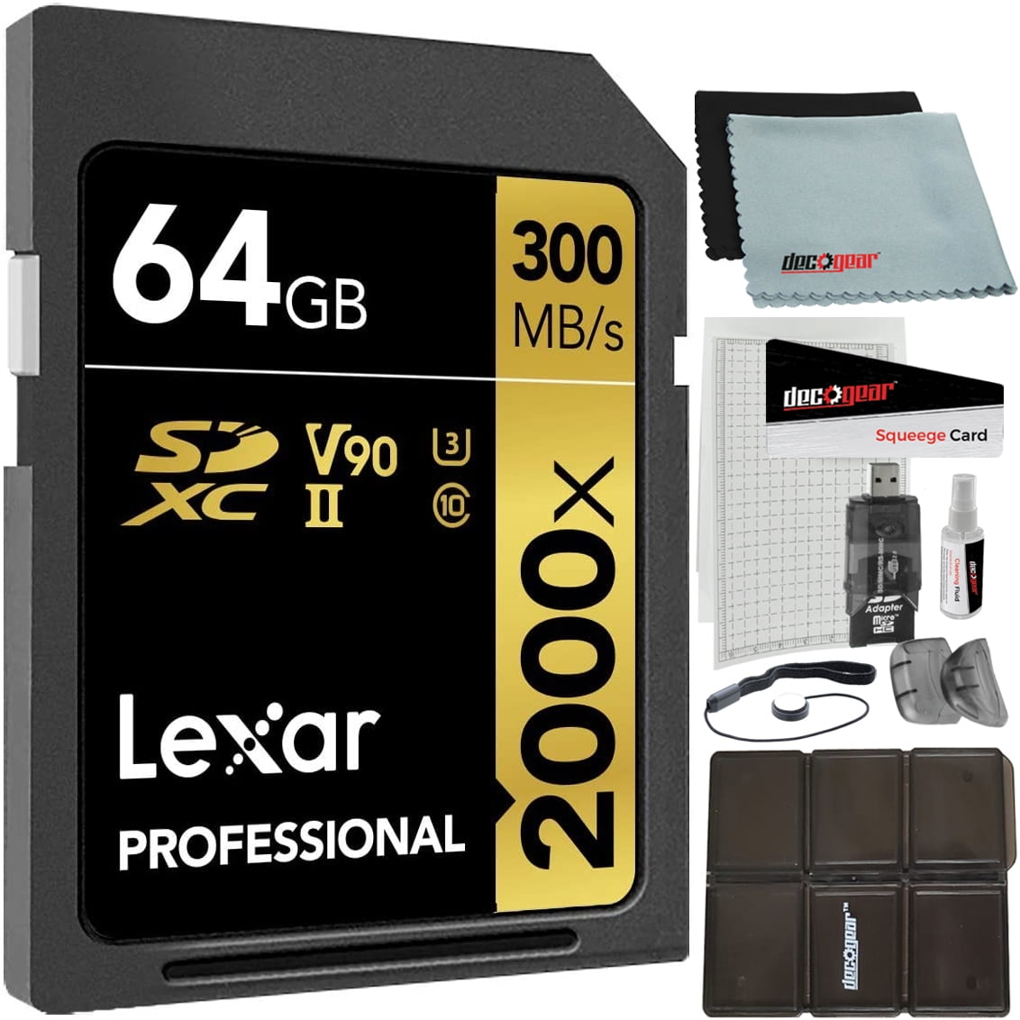 Lexar Professional 2000x 64GB SDXC UHS-II Memory Card Up to 300MB/s Read LSD2000064G-BNNNU) Bundle w/ Deco Gear Accessories Kit Including Reader   Case LCD Screen Covers Microfiber Cloth  More
