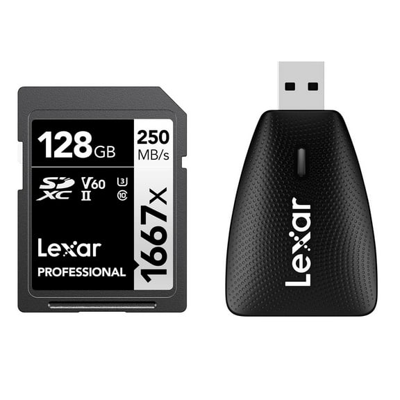 Lexar SILVER Series Professional 1667x 128GB UHS-II SDXC Memory Card, Bundle with Multi-Card 2-In-1 USB 3.1 Reader