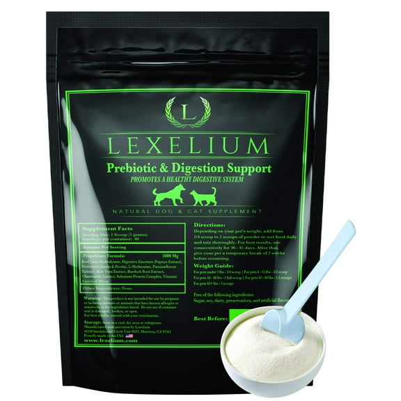 Lexelium Cat & Dog Prebiotic Digestion Supplement - Helps with Sensitive Stomach & Chronic Diarrhea - Contains Valuable Digestive Enzymes, Fiber & Prebiotics - 200g