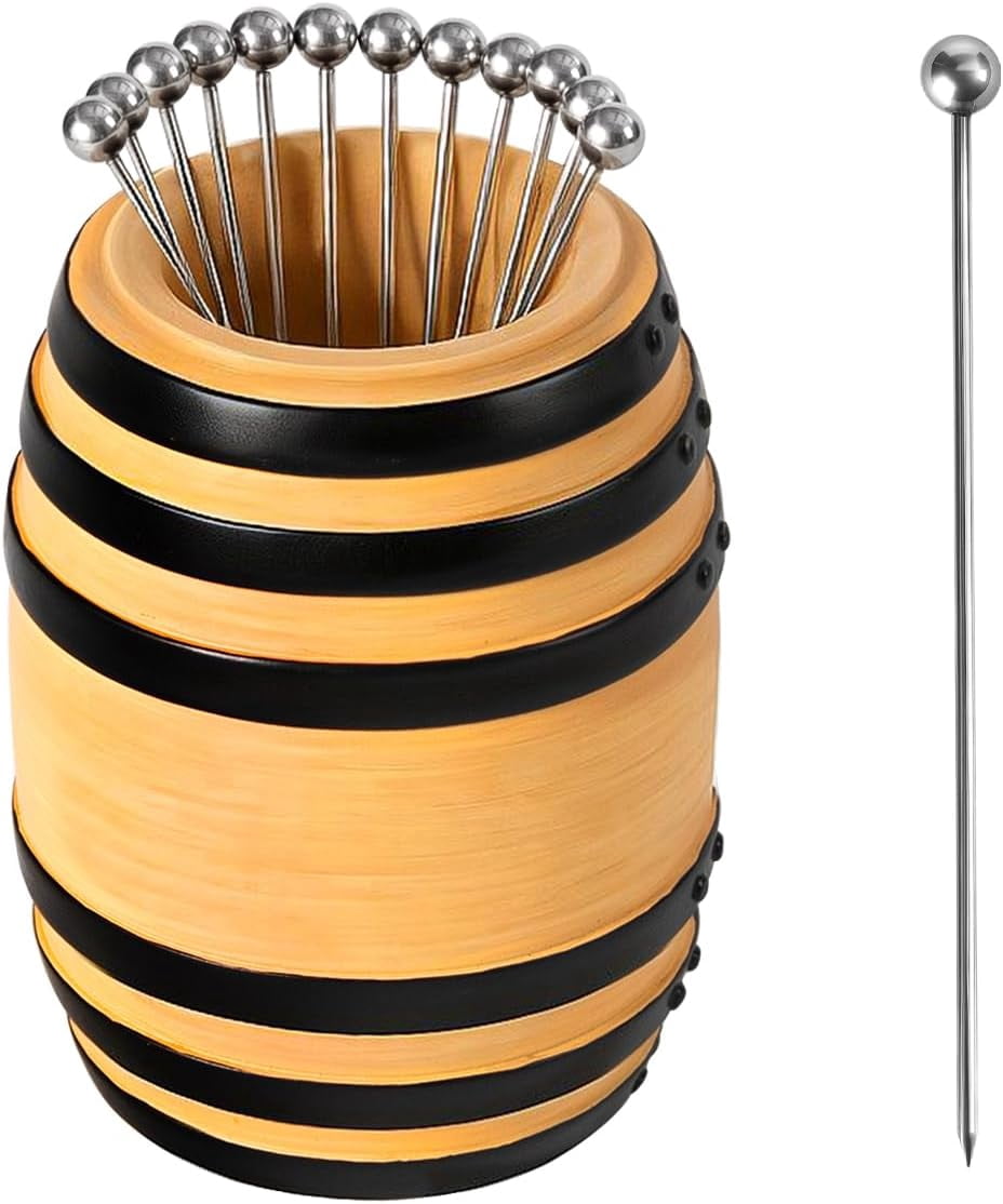 Lexenic Exclusive Cocktail Picks with Bar Ornament Barrel Holder, 4.3" 304 Stainless Steel Martini Skewers, Reusable Metal Toothpicks for Olives, Appetizers & Fruit, Gift - 12 Pack