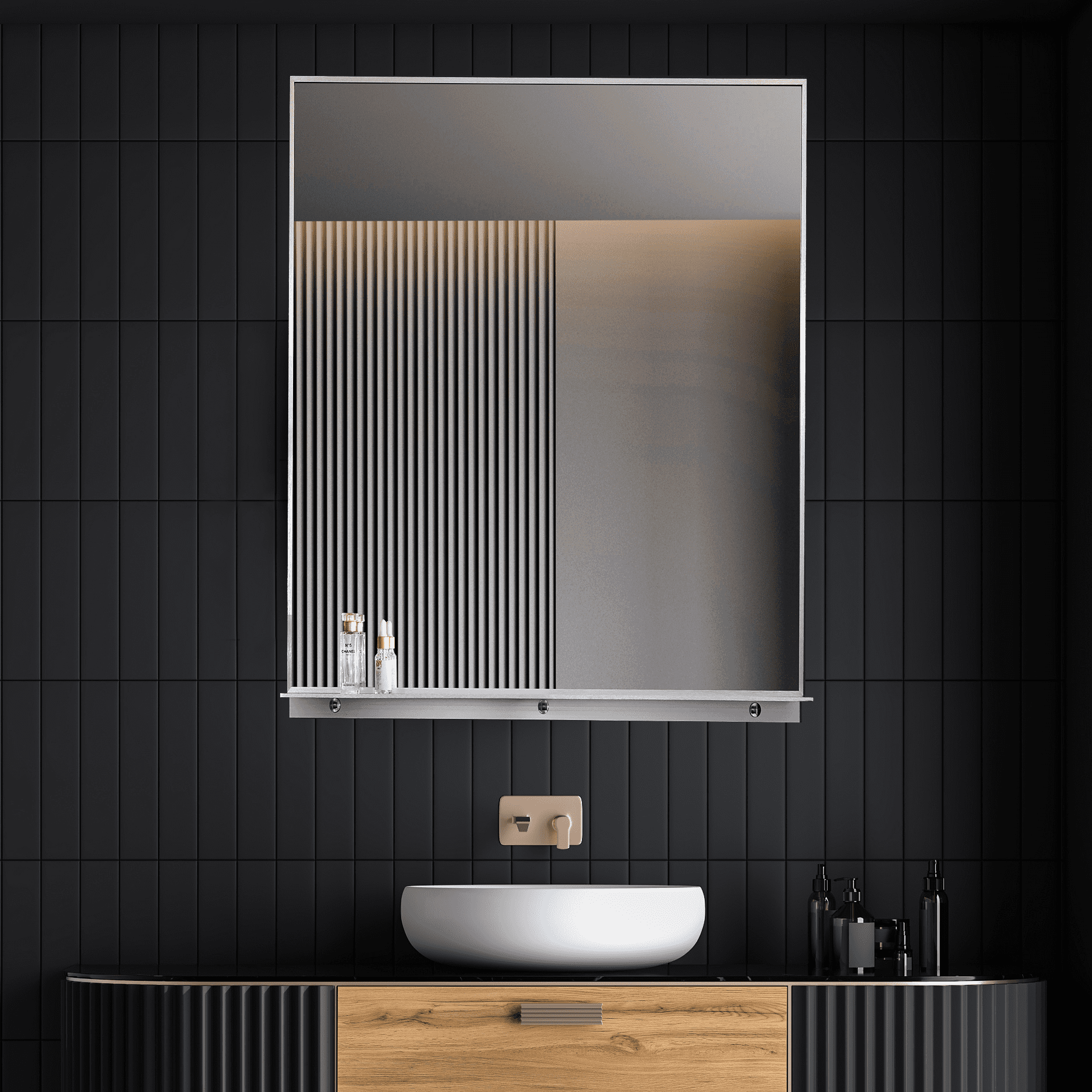 Lexi 24" x 32" Silver Aluminum Rectangular Mirror with Shelf