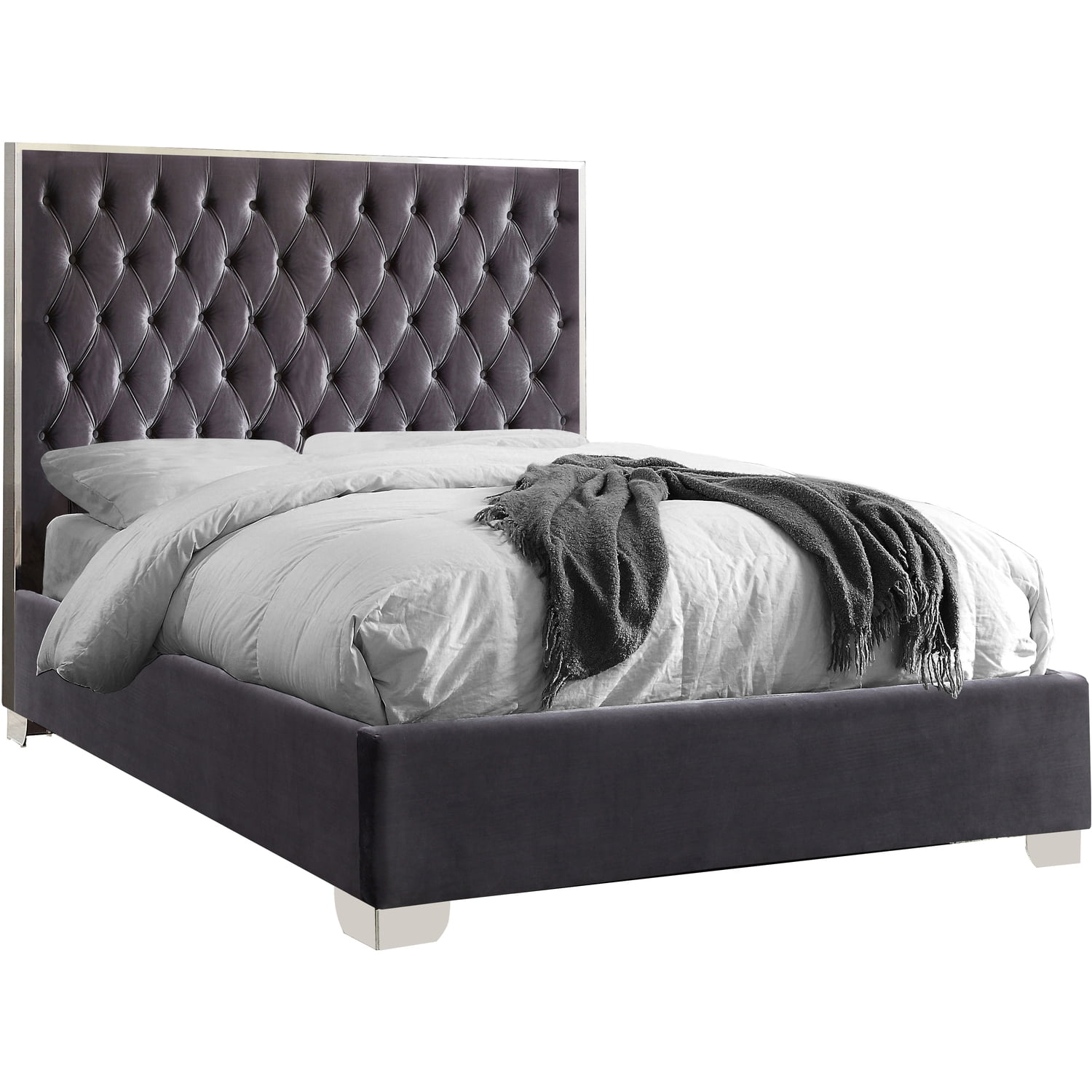 Lexi Queen Gray Velvet Upholstered Bed with Chrome Legs