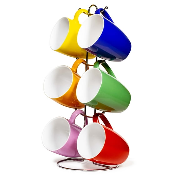 Lexi Home Ceramic Color 12 Oz. Mug set With Metal Tree Stand Rack - Multi Colors