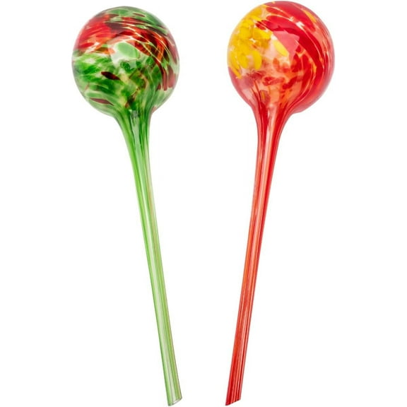 Lexi Home Plant Watering Globes Hand Blown Glass Self Watering Bulbs, Green/Yellow 2-Pack