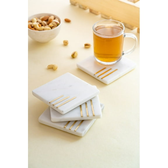Lexi Home Square Real Marble Coasters with Brass Inlay Design - Set of 4